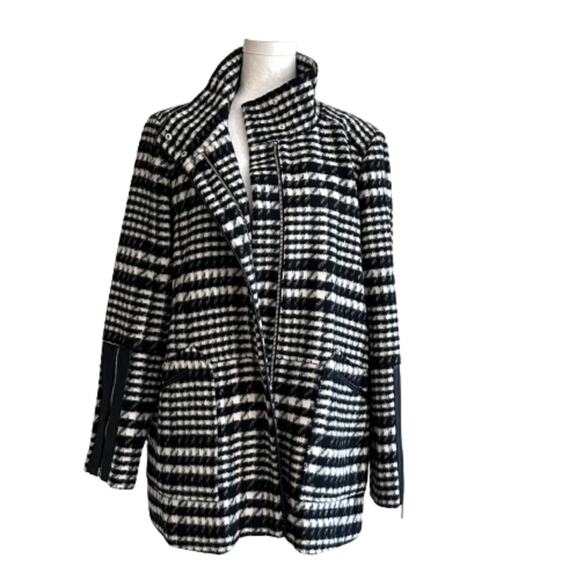 Rafaella Car Coat Black White Brushed Plaid Faux Leather Detail Outerwear Large - Picture 1 of 12